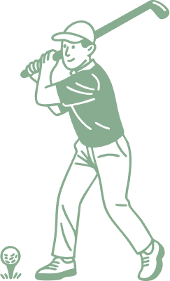 Illustration of a person wearing a cap and holding a golf club, preparing to swing at a golf ball on a tee.