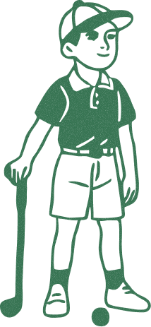 Illustration of a boy wearing a cap, polo shirt, and shorts, standing with a golf club in one hand and a golf ball near his feet.